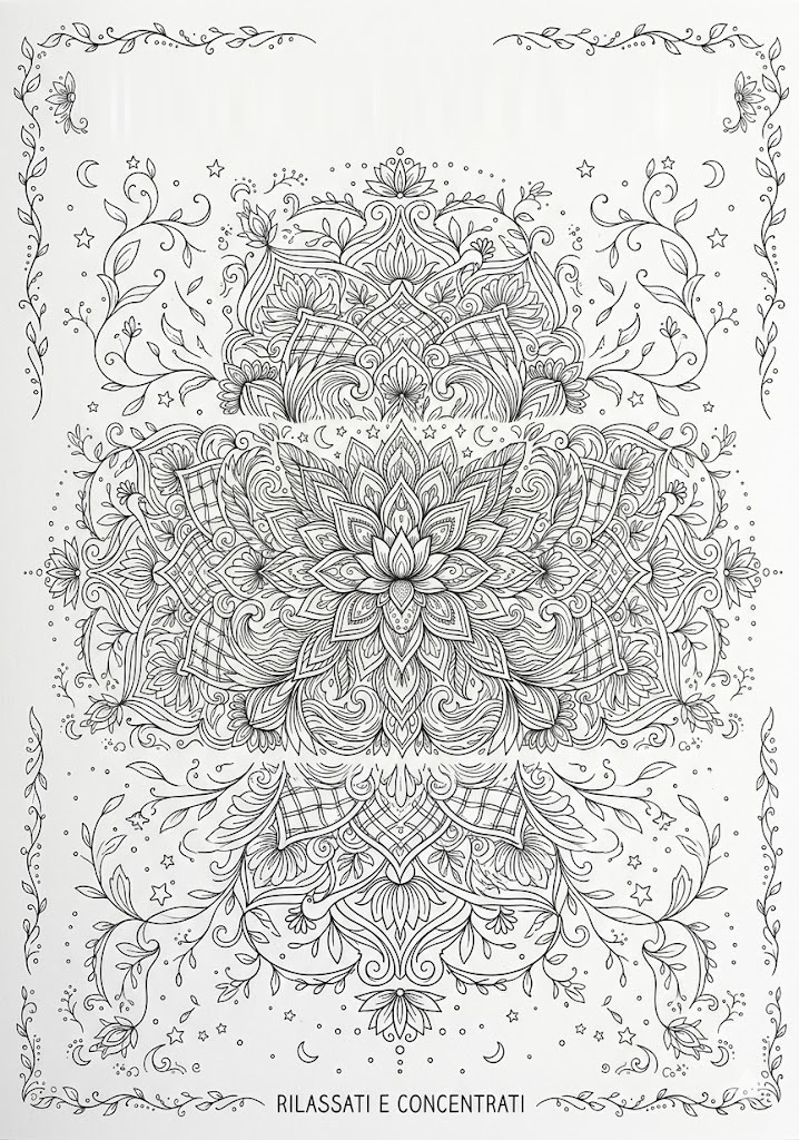 Mandala da colorare per adulti, motivo simmetrico complesso con fiori di loto centrali, foglie e arabeschi decorativi nei pannelli laterali. In basso la scritta 'Rilassati e concentrati'