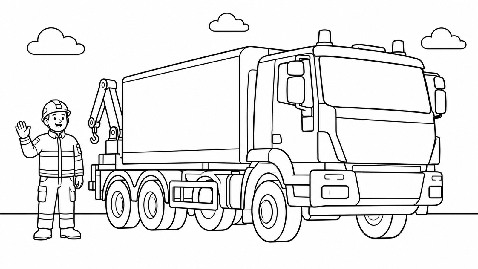 Camion della Protezione Civile da colorare, con volontario, tende e scatole di aiuti per l'emergenza