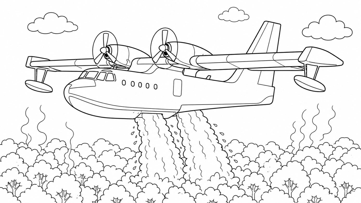 Aereo Canadair CL-415 della Protezione Civile da colorare in volo sopra una foresta in fiamme. Sgancia l'acqua presa dal lago. Sullo sfondo montagne, alberi e un piccolo paese