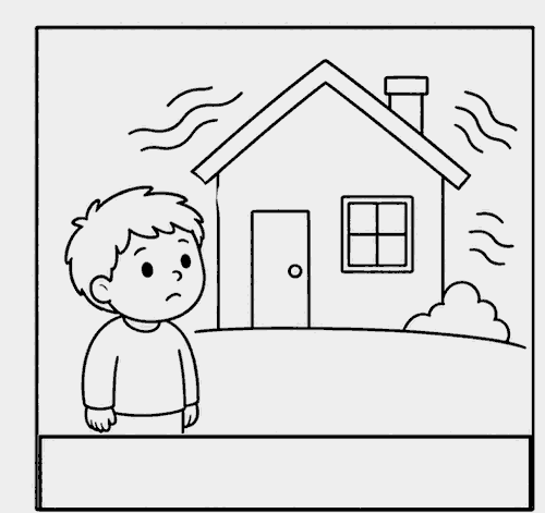 Bambino davanti alla sua casa che trema