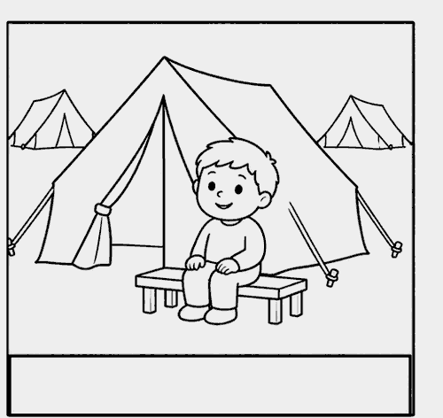 Bambino seduto davanti a una tenda da campo