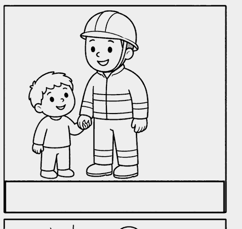 Volontario con casco che tiene per mano un bambino