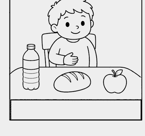 Bambino a tavola con pane, acqua e una mela