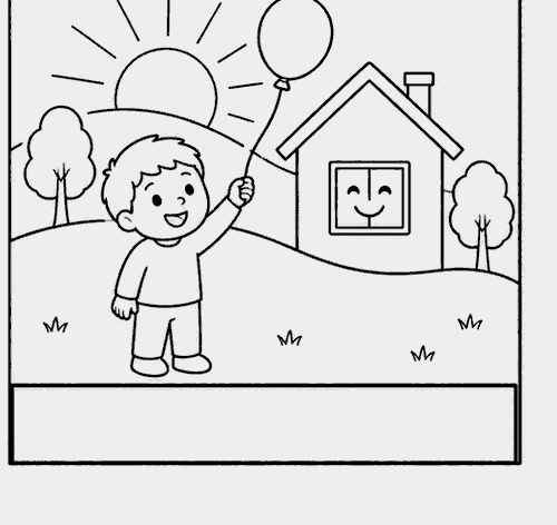 Bambino sorridente con sole all'orizzonte e nuova casa