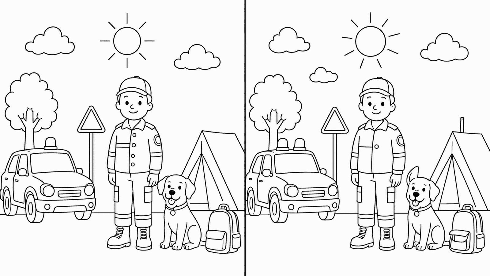Due scene quasi identiche affiancate: un volontario di Protezione Civile con cappellino in piedi accanto a un cane seduto, con un mezzo con lampeggiante, un albero, un cartello triangolare, una tenda, uno zaino, sole e nuvole. Le due scene presentano sette piccole differenze da individuare.