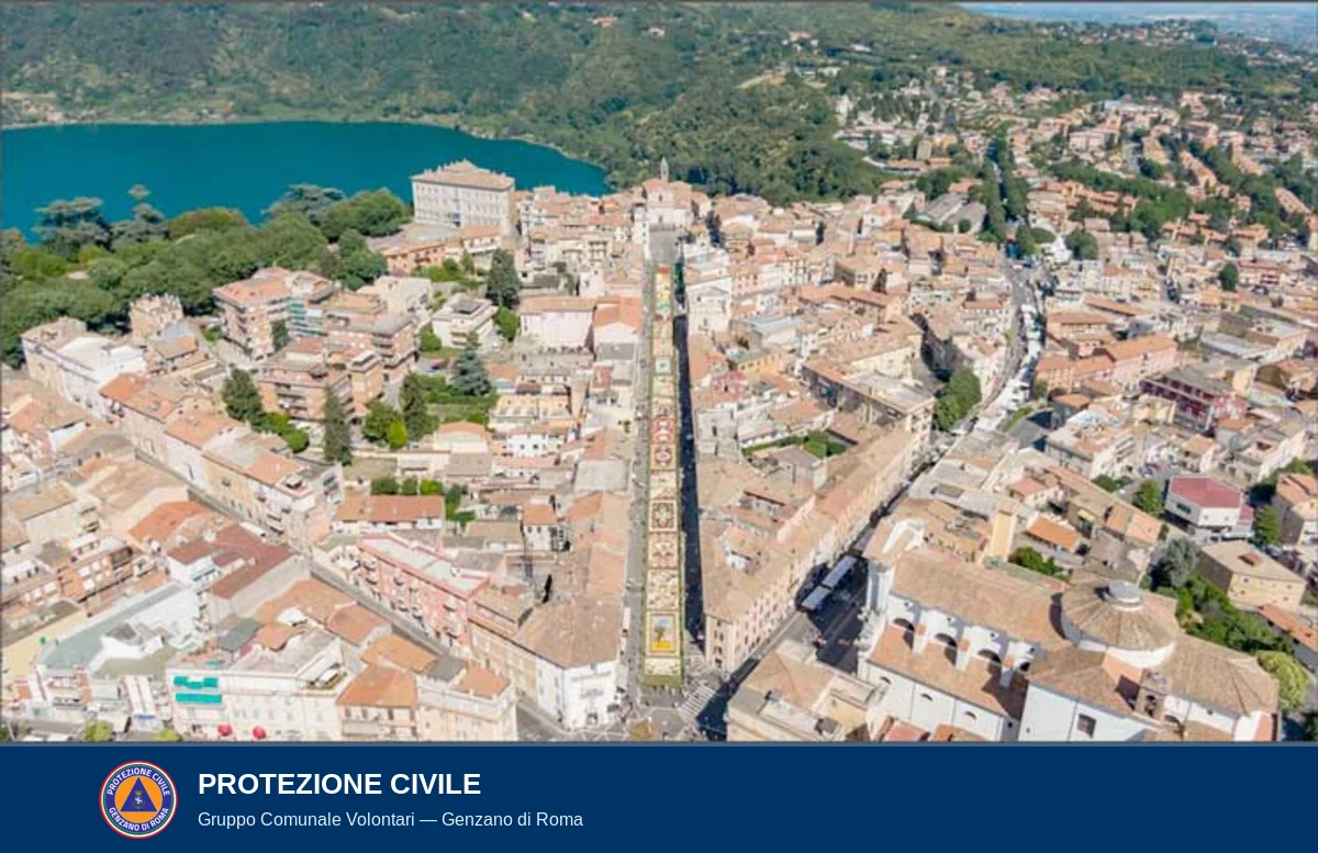 Genzano di Roma vista dall'alto durante l'Infiorata: il tappeto di fiori percorre la via centrale in salita verso la chiesa, tra i tetti del centro storico, con il lago di Nemi sullo sfondo
