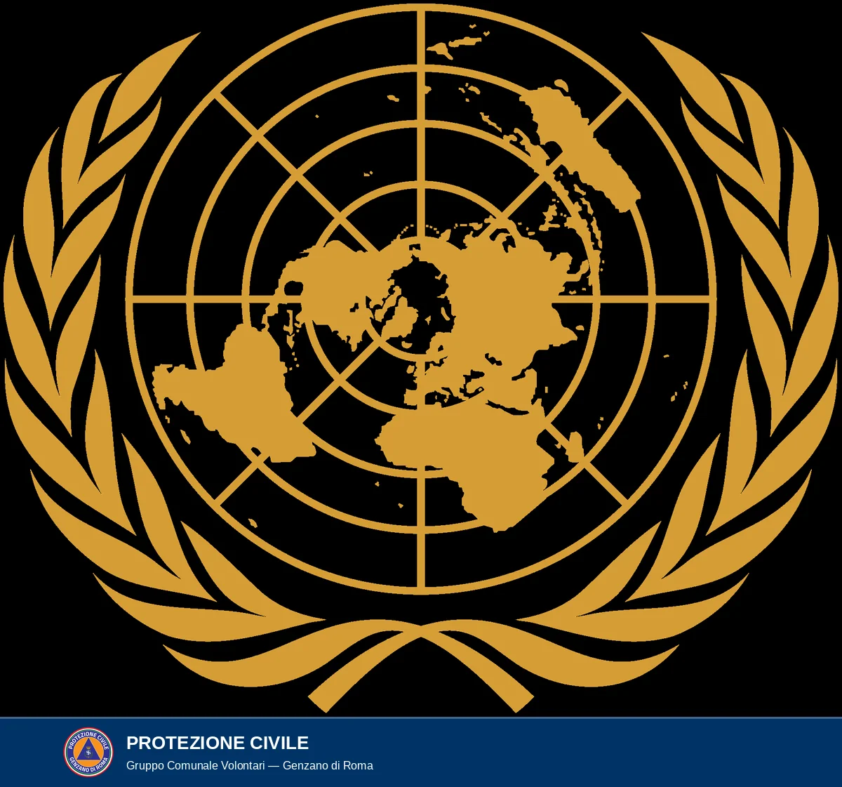 Emblema delle Nazioni Unite: una mappa del globo terrestre vista dal Polo Nord, in oro su sfondo nero, racchiusa da due rami d'ulivo dorati intrecciati alla base