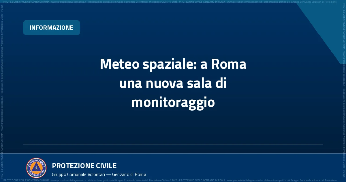 Copertina blu con il titolo sulla nuova sala di monitoraggio del meteo spaziale, il badge Informazione e la firma del Gruppo.