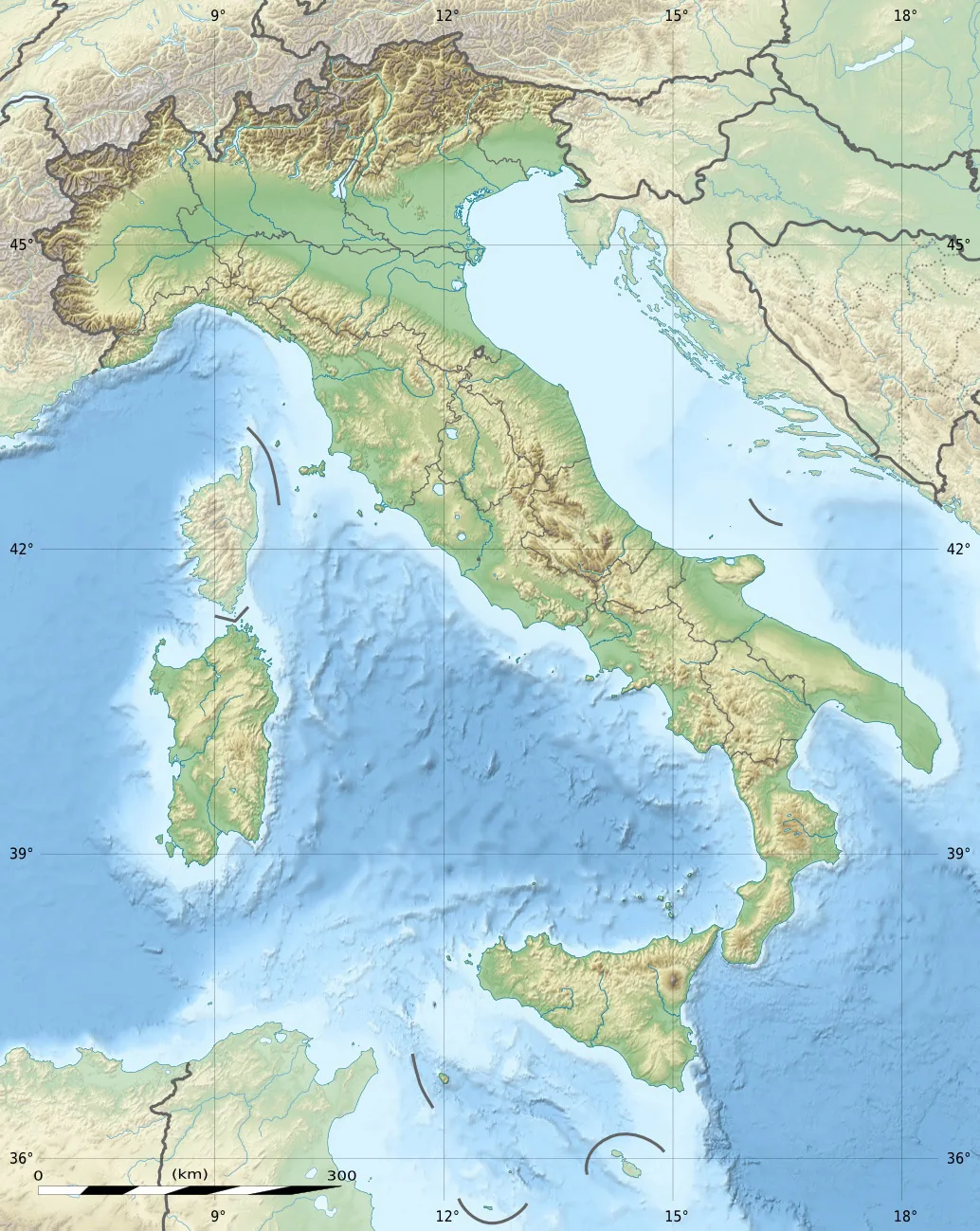 Mappa fisica dell'Italia con rilievi in marrone e pianure in verde, su cui sono evidenziati alcuni punti del rischio industriale