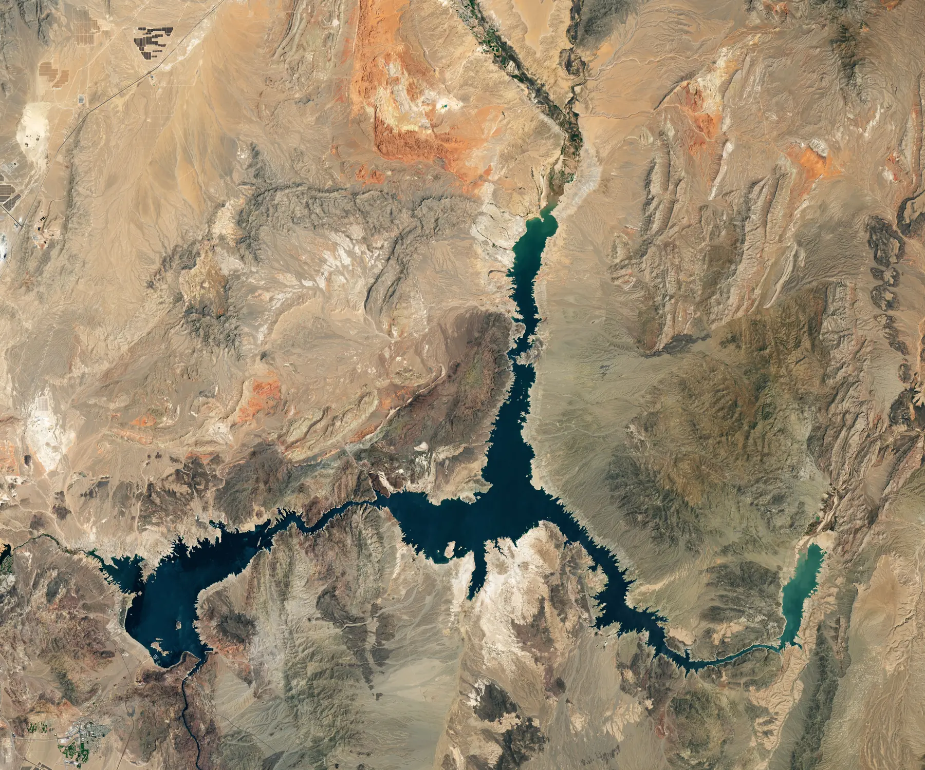 Immagine satellitare del Lago Mead nel luglio 2022: il bacino fortemente ridotto, con larghe fasce chiare di sponda emersa