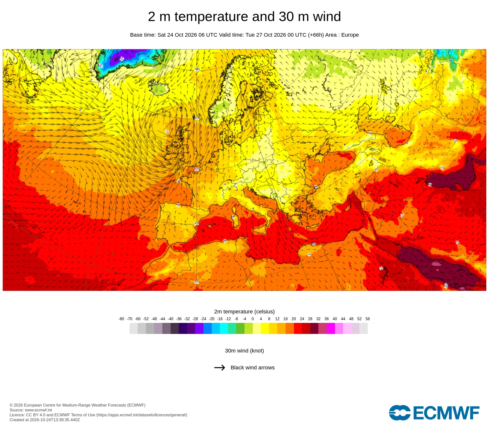 Carta di previsione ECMWF sull'Europa: Temperatura e vento, valida per giovedì 15 ottobre 2026, 00 UTC. Temperatura a 2 metri dal suolo e vento a 30 metri: caldo, freddo e ventilazione previsti sull'Europa.