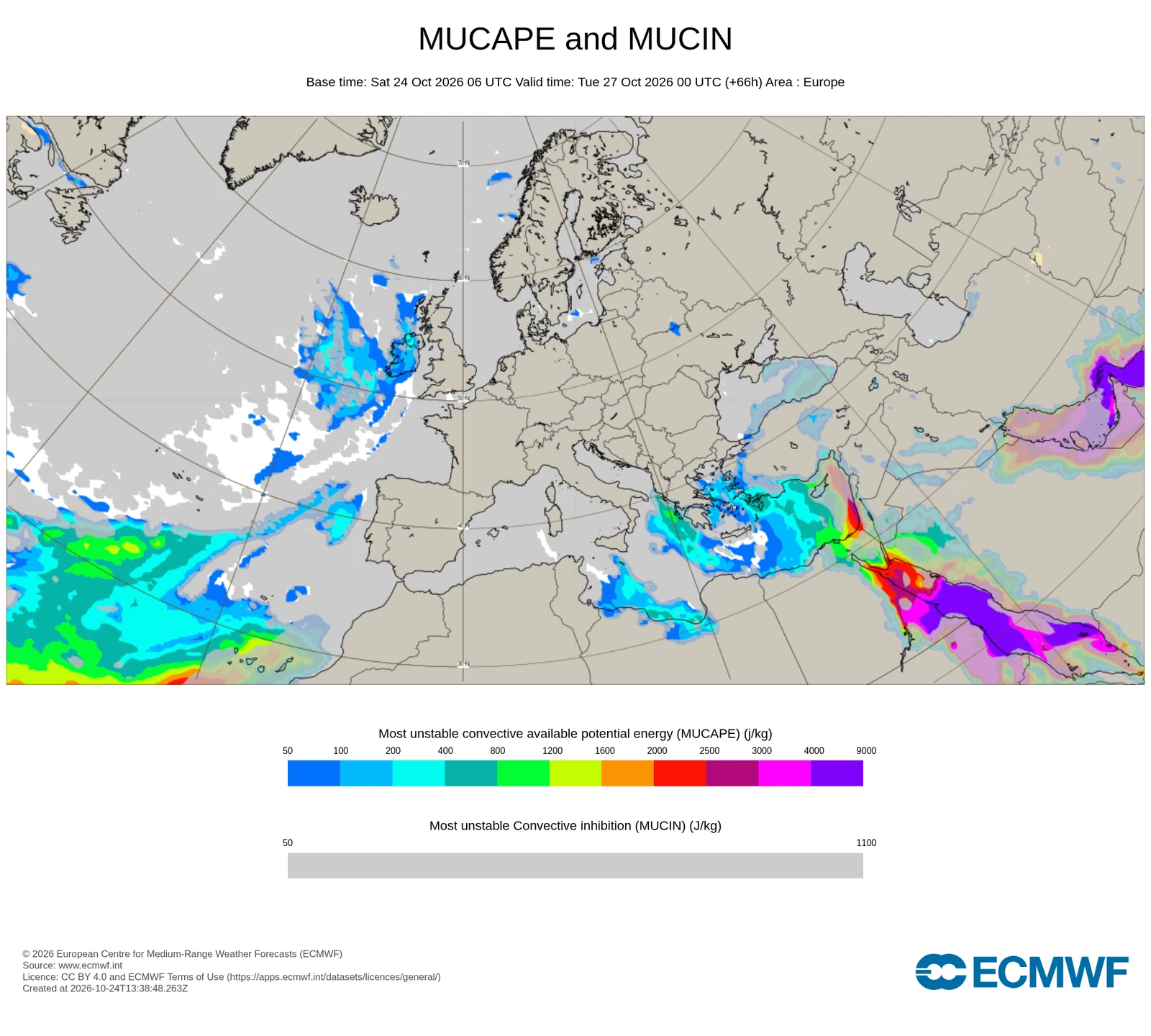 Carta di previsione ECMWF sull'Europa: Temporali (CAPE/CIN), valida per giovedì 15 ottobre 2026, 00 UTC. Energia potenziale convettiva (CAPE) e inibizione (CIN): indicatori del rischio di temporali forti e fenomeni convettivi.