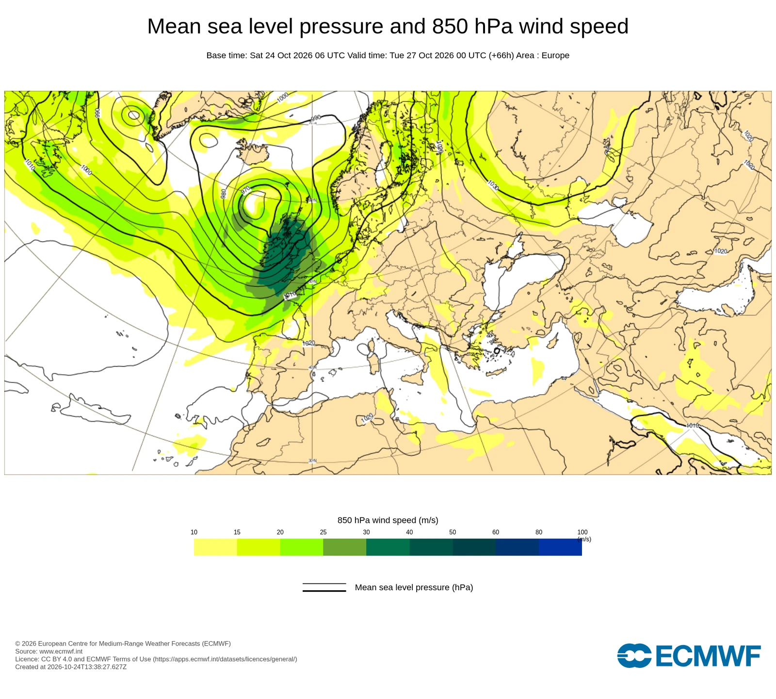 Carta di previsione ECMWF sull'Europa: Pressione e vento, valida per giovedì 15 ottobre 2026, 00 UTC. Pressione al livello del mare e vento a 850 hPa: la classica carta sinottica con cicloni, anticicloni e flusso delle correnti.