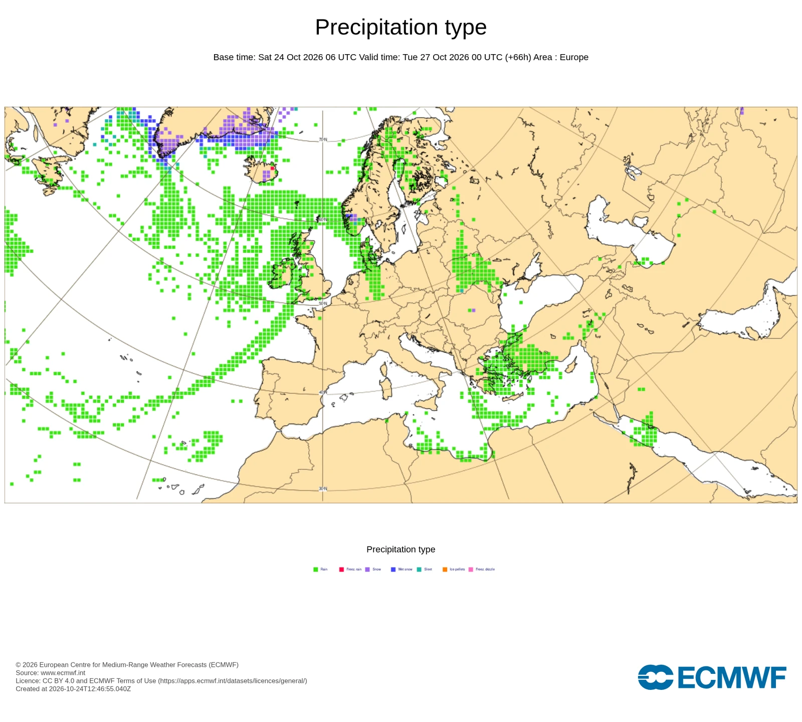 Carta di previsione ECMWF sull'Europa: Precipitazioni, valida per giovedì 15 ottobre 2026, 00 UTC. Tipo e intensità di precipitazione prevista (pioggia, neve, gelicidio): dove e quando è atteso il maltempo.