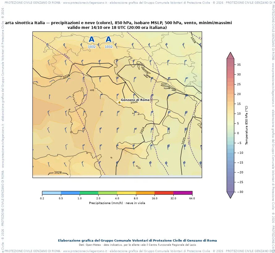 Carta sinottica animata dell'Italia e del Mediterraneo centrale per le prossime 72 ore: temperatura a 850 hPa a colori, pressione al livello del mare con isobare nere, geopotenziale a 500 hPa con linee viola, vento a 500 hPa con barbe; Genzano di Roma è indicata da una stella.